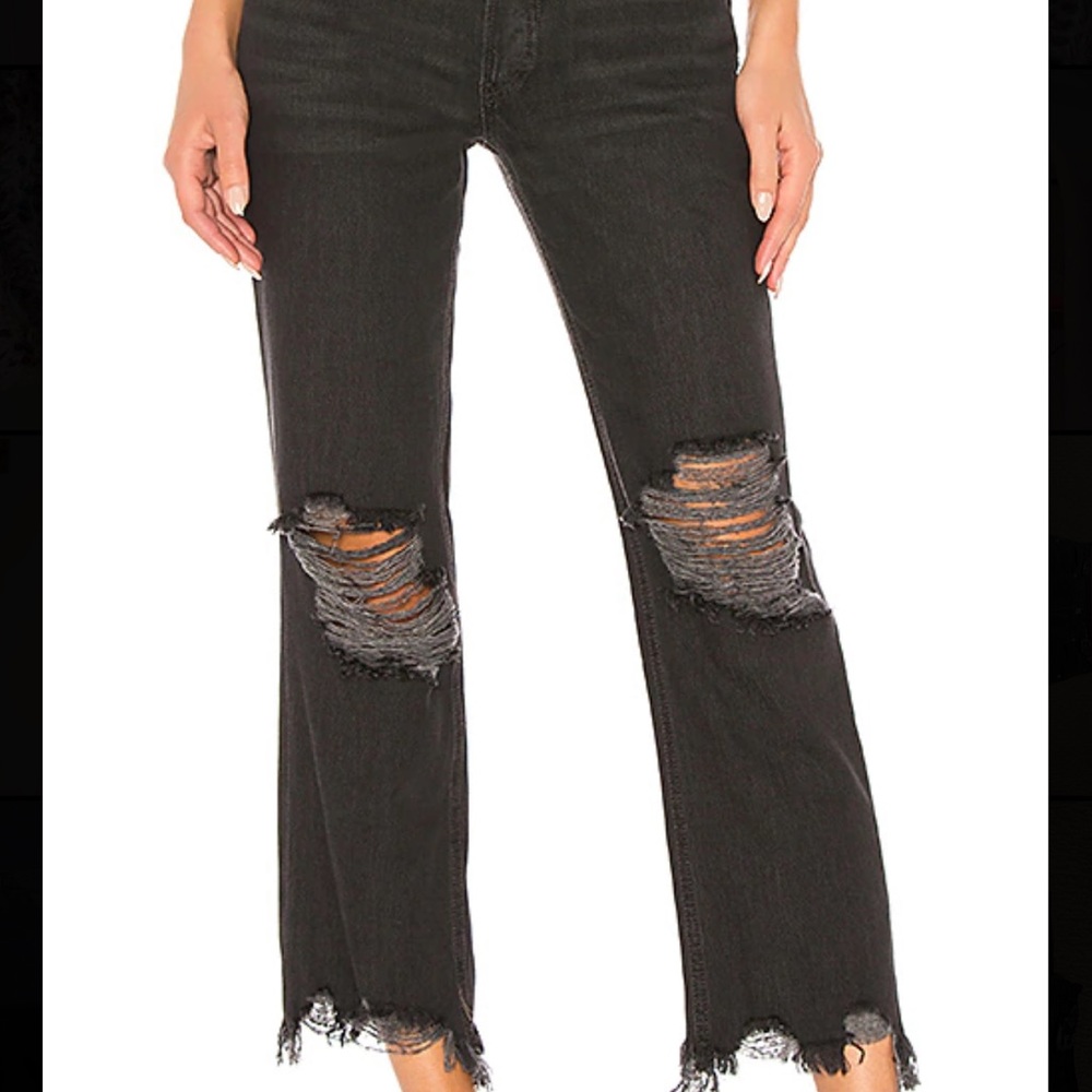 Free People Black Distressed Straight Leg Jeans